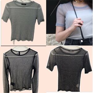 Zara & H&M Bundle: 3 Sheer Mesh Tops Metallic Shimmer & Dotted Long Sleeve S M